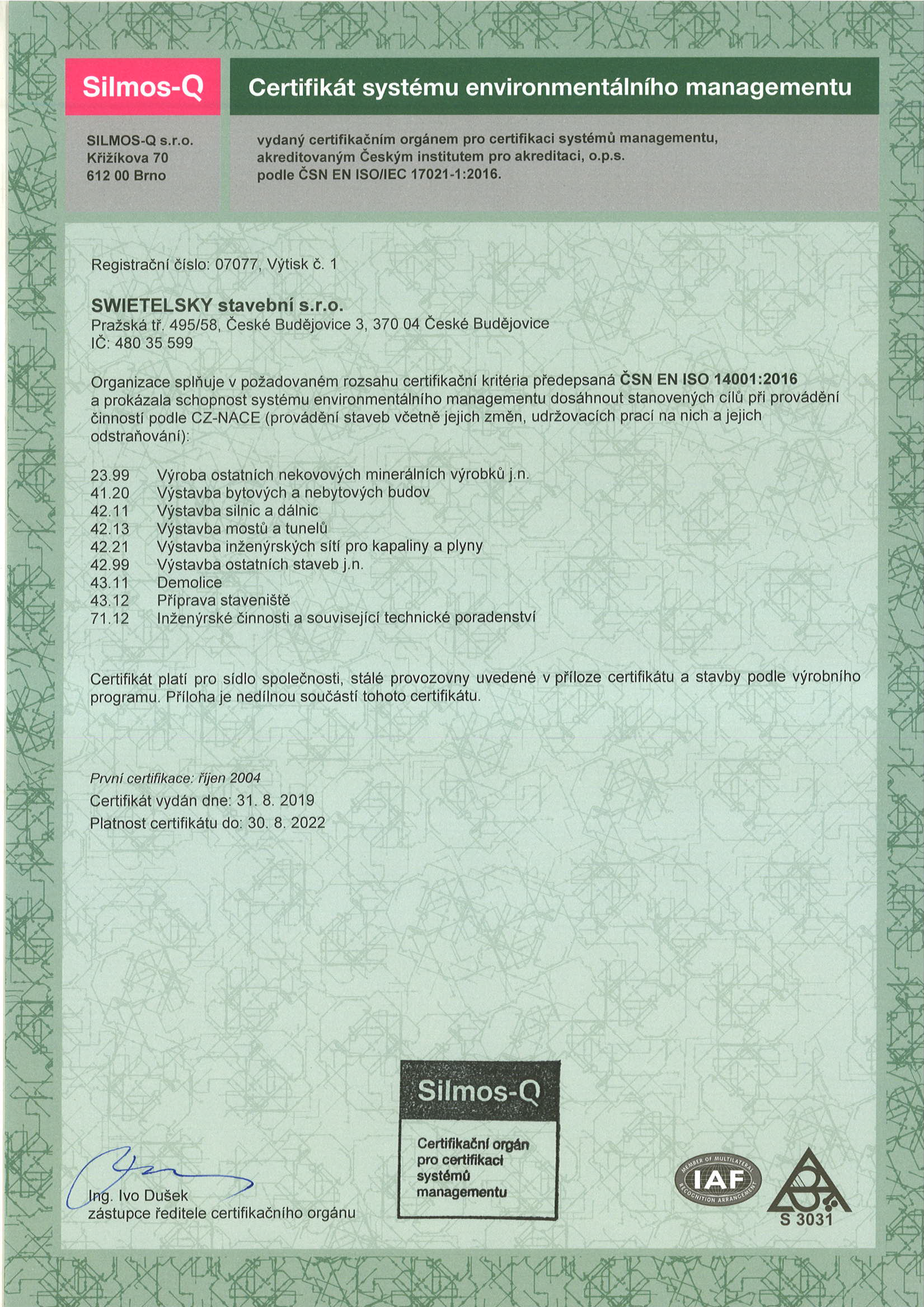 Certifikát Systému Environmentu Jedna Stránka