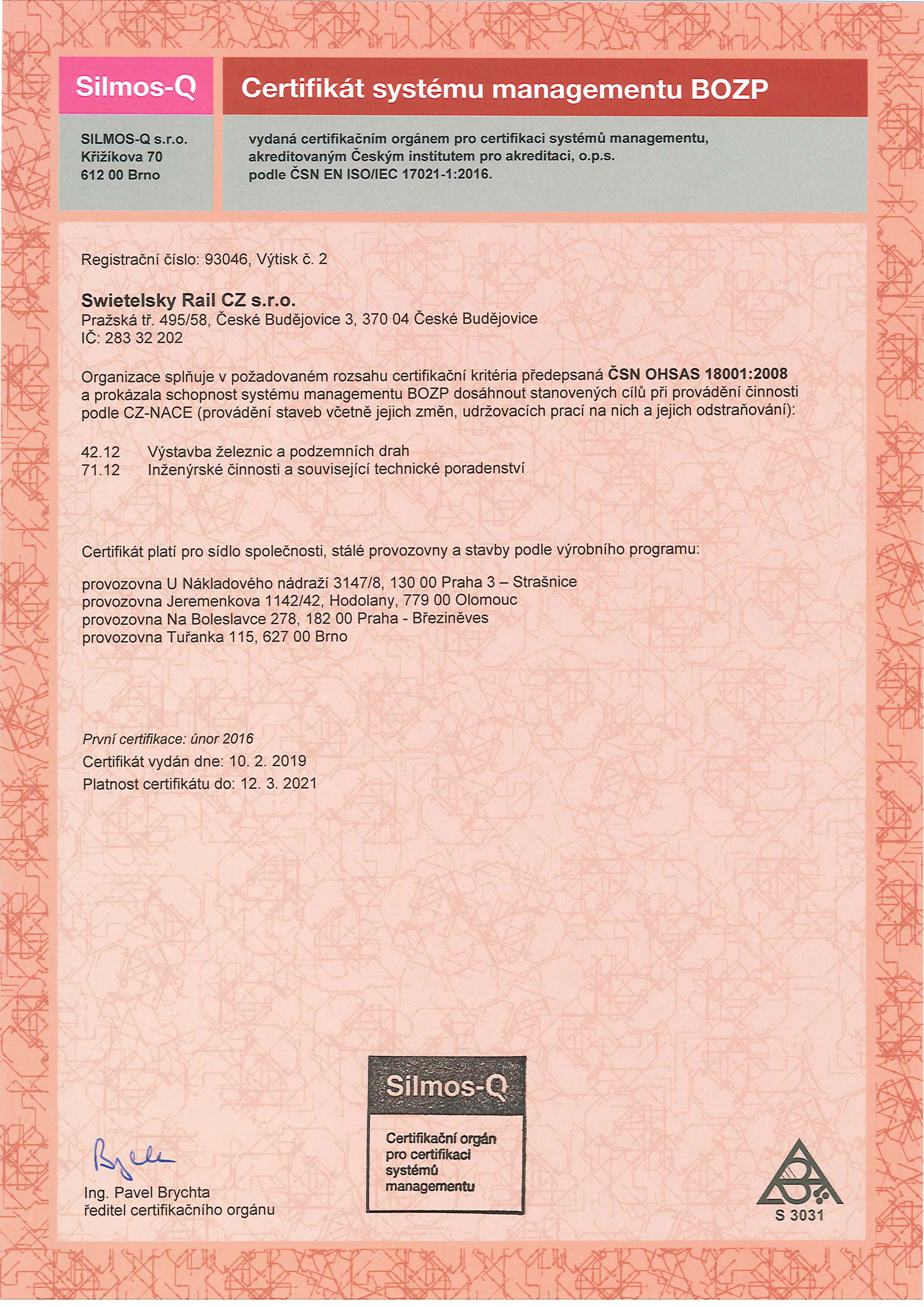 Certifikát 93046 Systému Managementu BOZP