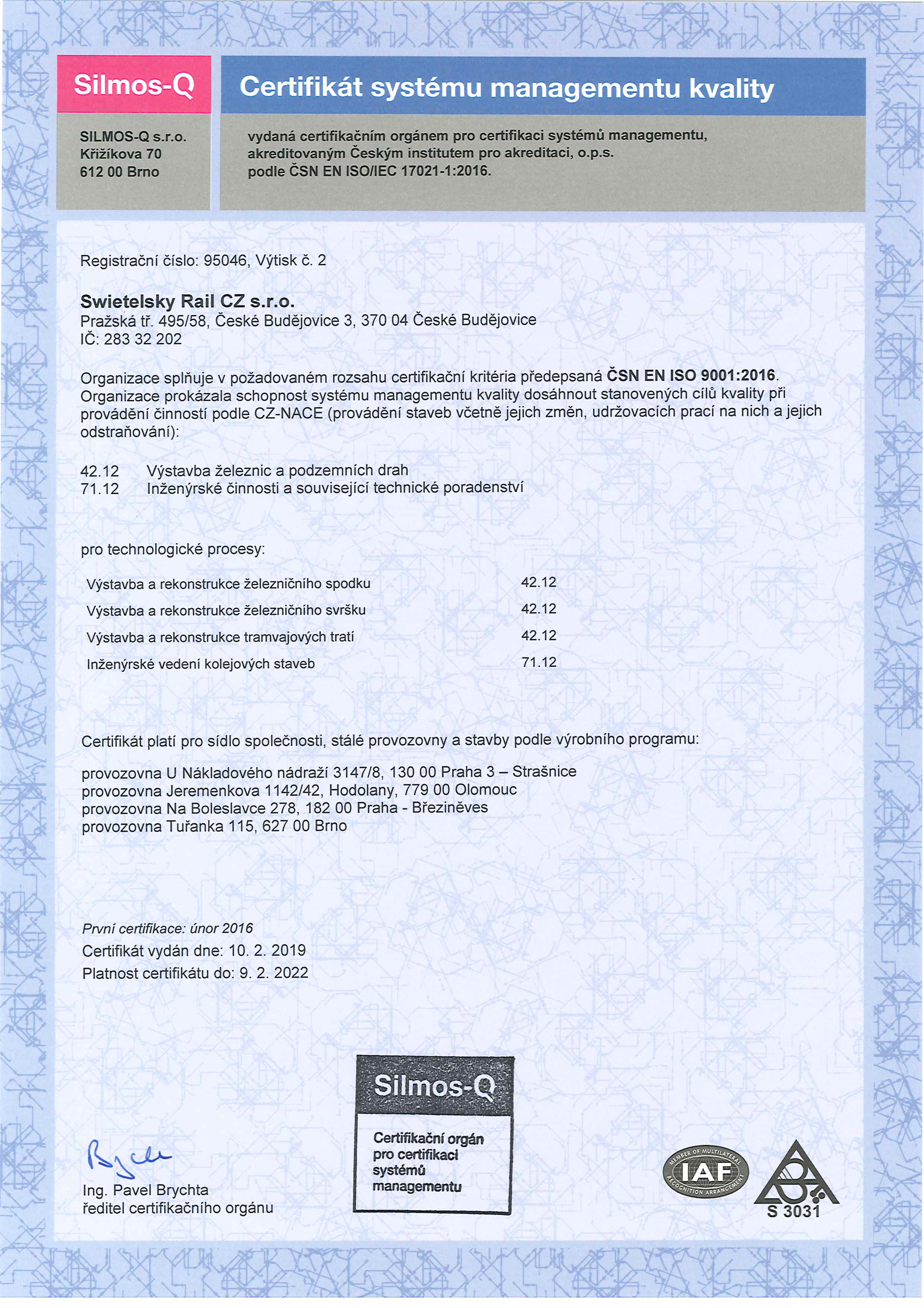 Certifikát 95046 Systém Managementu Kvality