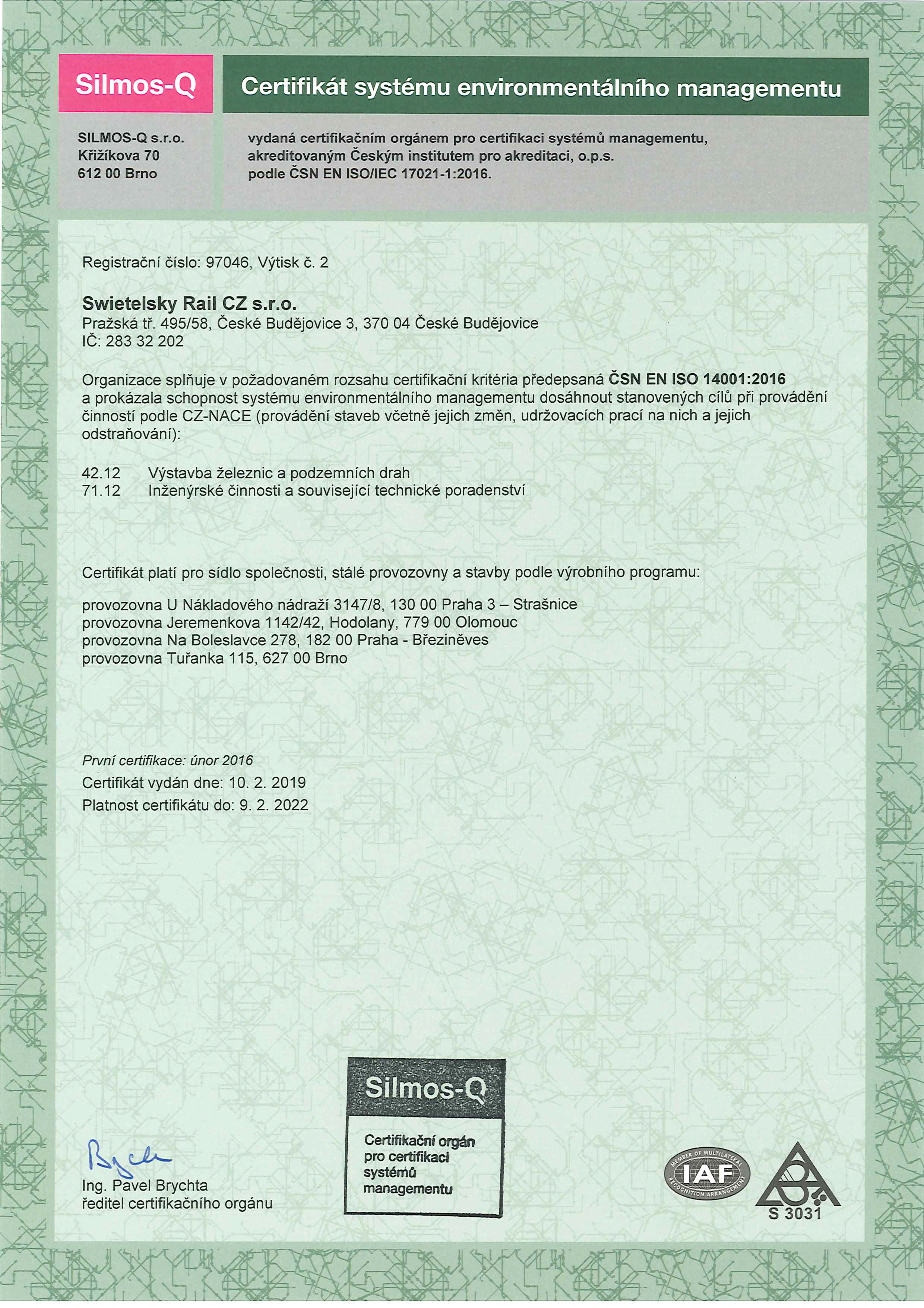 Certifikát 97046 Enviromentálnízo Managementu